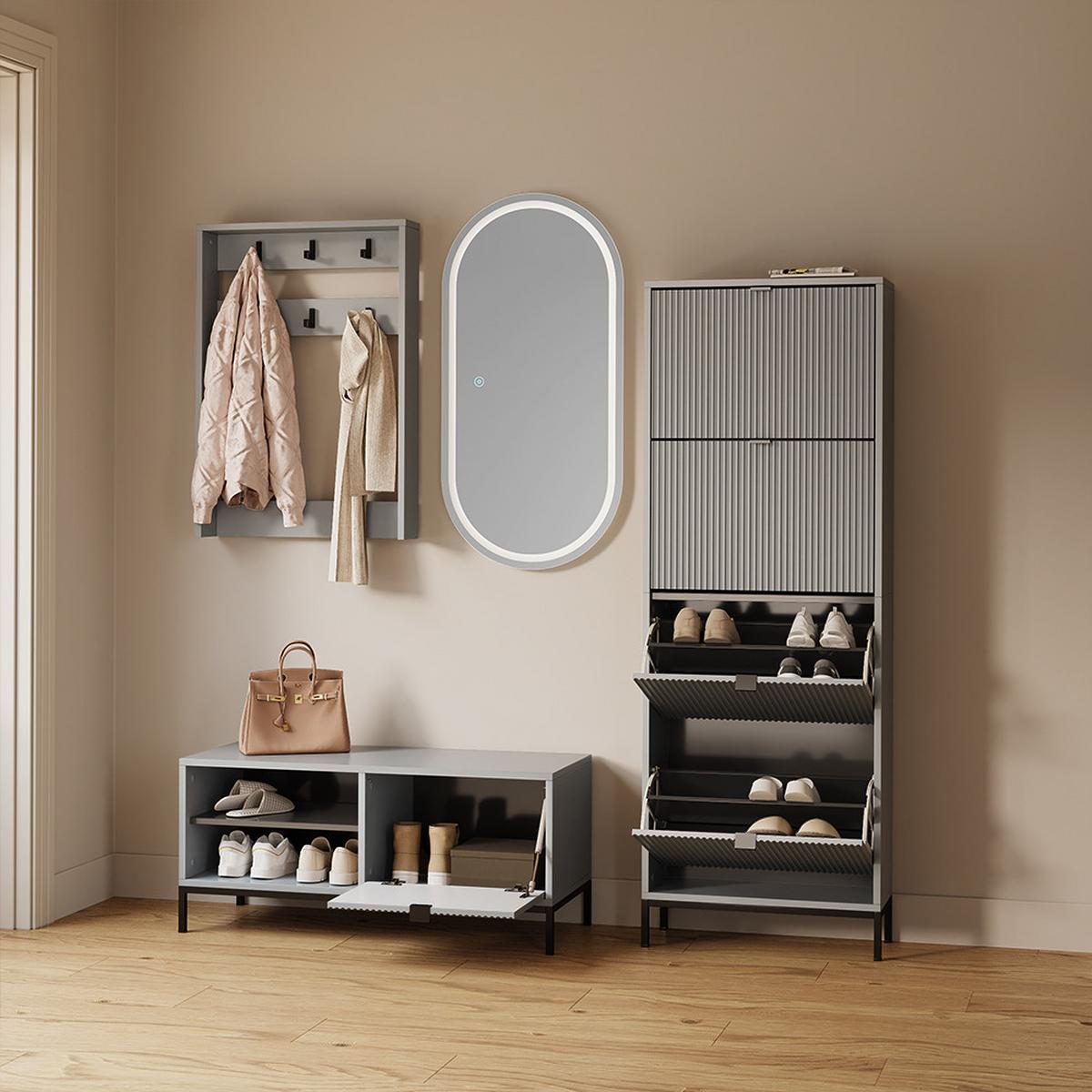 SCHUHKIPPER Aterno Grau 60 x 168 cm mit 4 Klappschubladen - Grau, Holzwerkstoff (60/168/24cm) - Livinity®