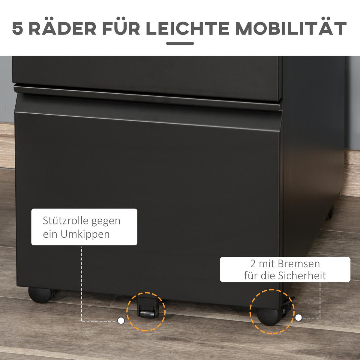 ROLLCONTAINER Aktenschrank Büroschrank mit 3 Schubladen Räder Stahl Schwarz - Schwarz, Metall (48/60/39cm) - Vinsetto