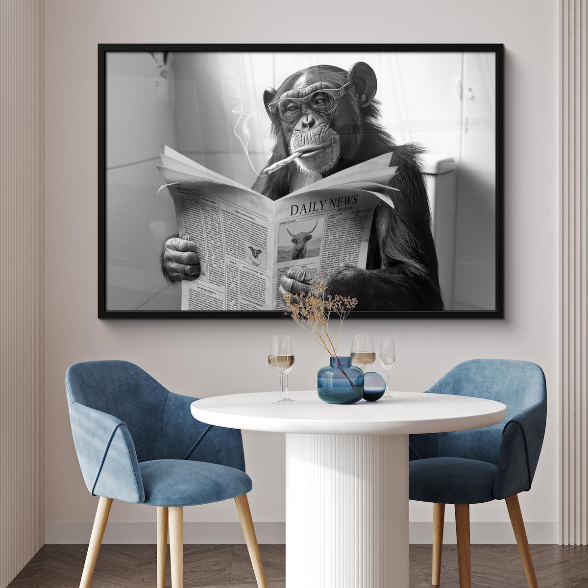 POSTER MIT RAHMENGERAHMTES BILD Affe - WC - Zeitung - Schwarz-Weiß - Humor 120x80 cm - Hellgrau, Papier (120/80cm) - MuchoWow
