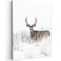 LEINWANDBILD Hirsche - Winter - Schnee - Tiere - Jahreszeiten - Weiß Wandbild Wohnzimmer 60x80 cm - Hellbraun, Textil (60/80cm) - MuchoWow