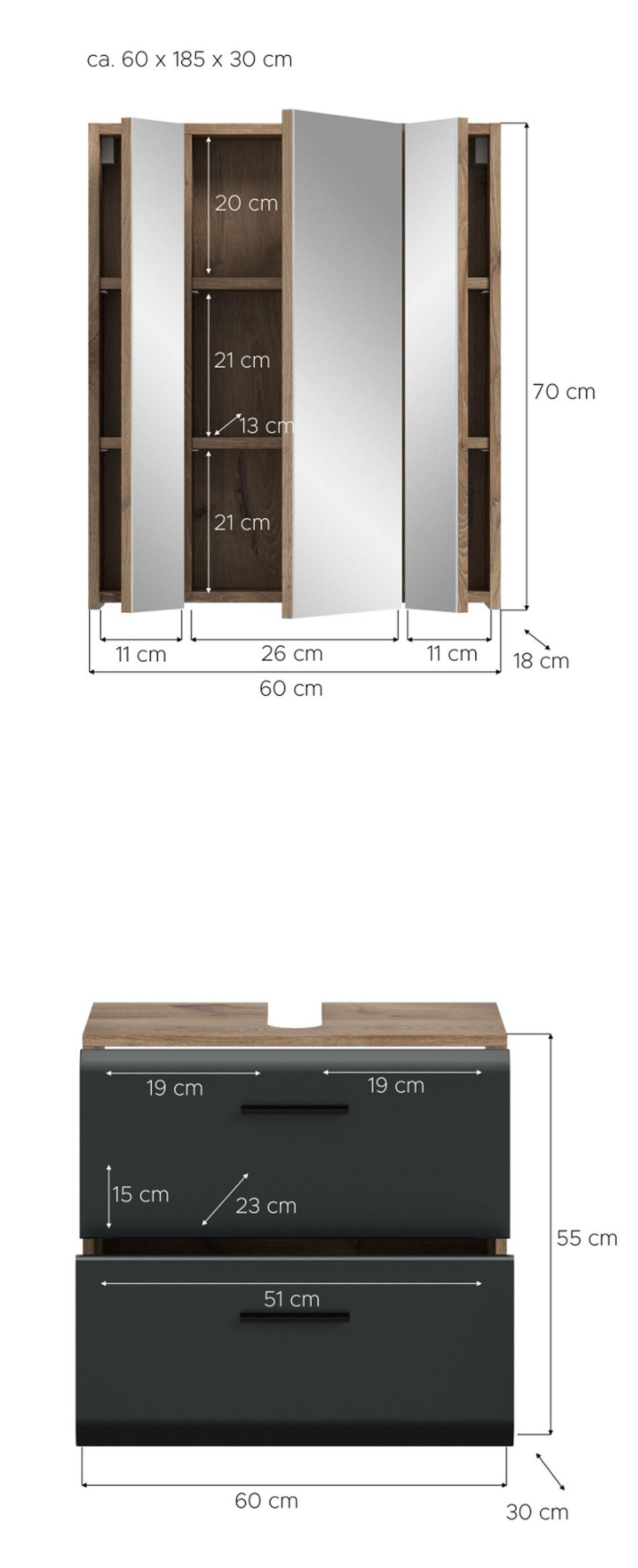 BADMÖBEL-SET 2-teilig Schwarz matt und Eiche, Badkombination mit Spiegelschrank, 60 x 185 cm - Klar/Eichefarben, Glas/Holzwerkstoff (60/185/30cm) - Inn.Furn