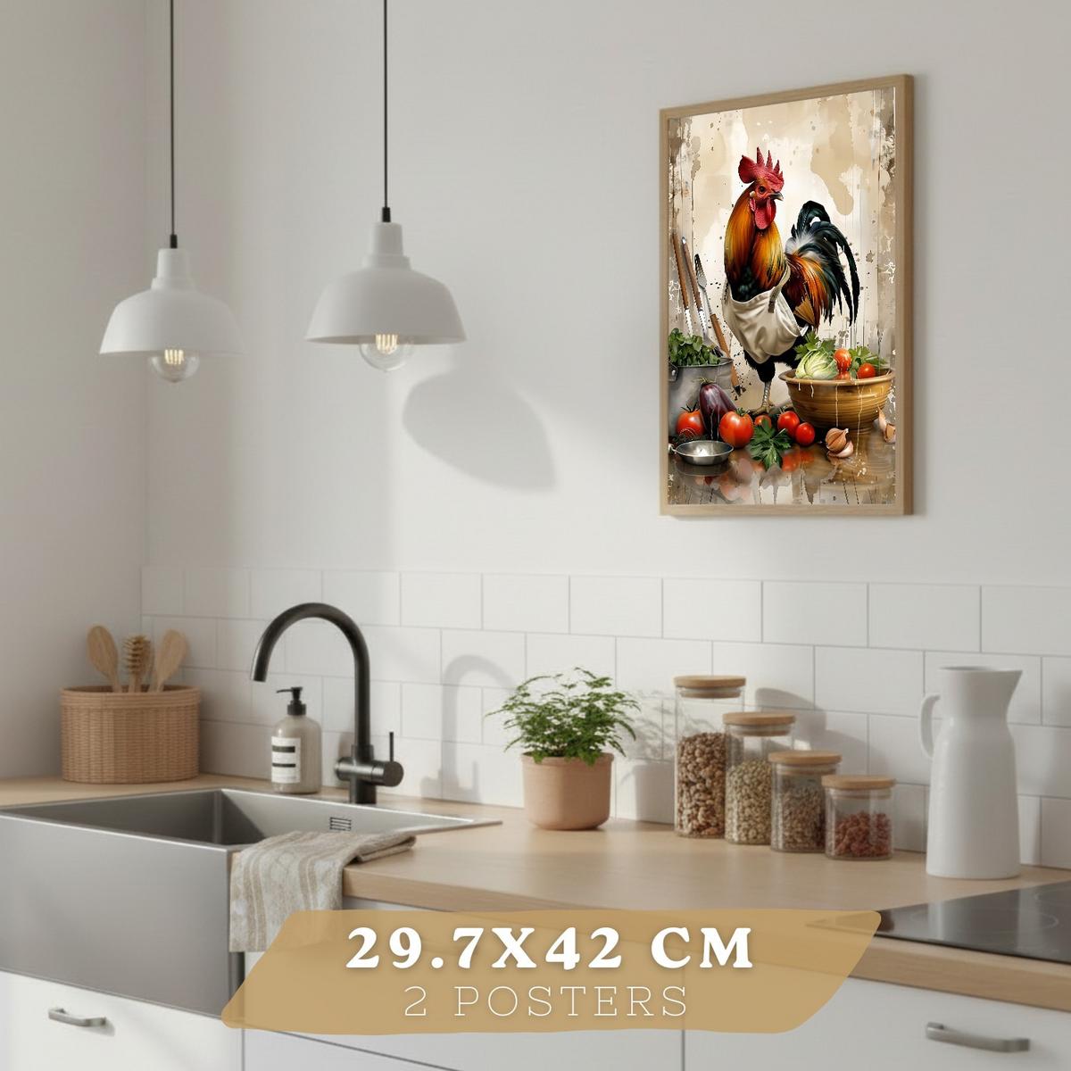 POSTER 2er Set Küchen-Wandbilder Hahn und Schwein Koch Aquarell Illustration Esszimmer Wanddeko Rahmenlos A3 - Schwarz, Papier (29.7/1/42cm) - Nacnic