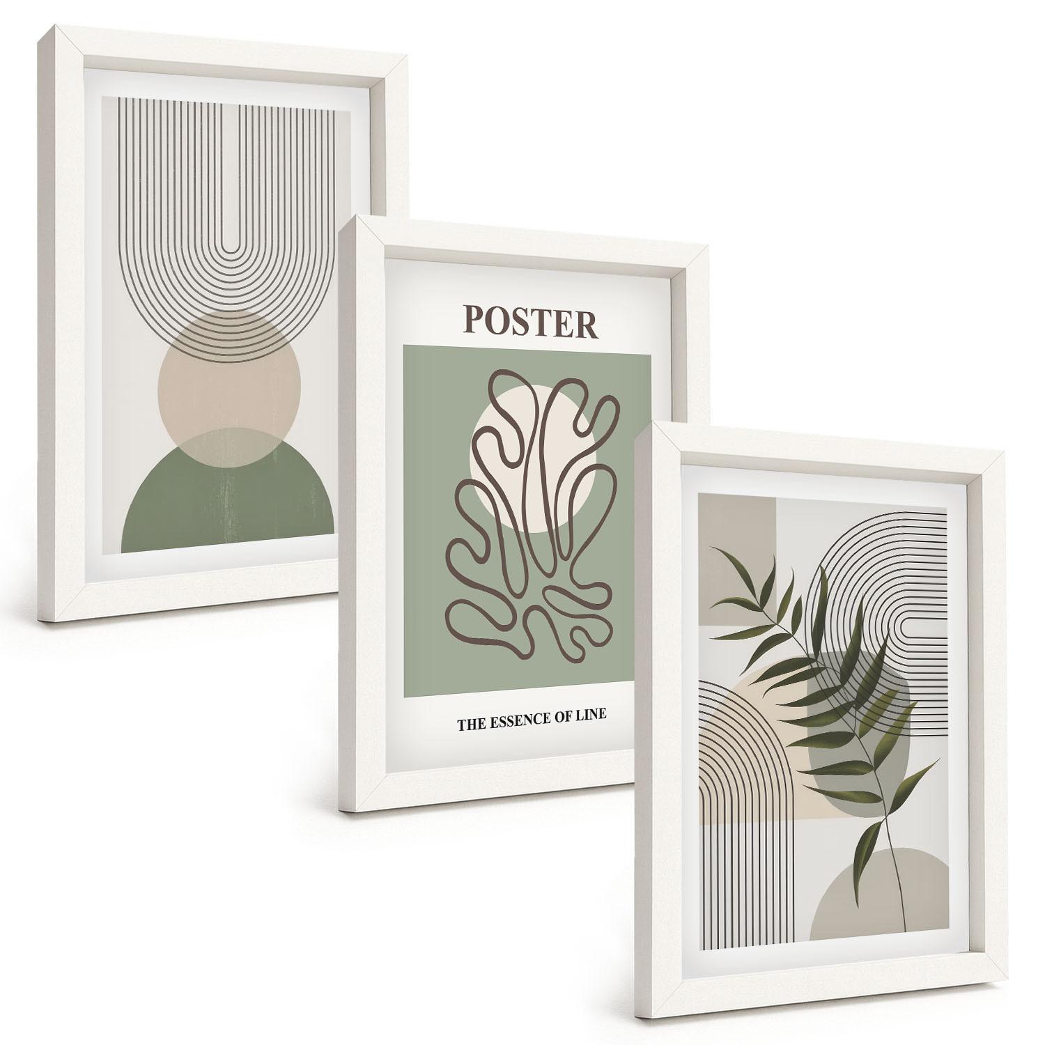 BILDER SET 3er Set - 20x30 cm Weißer Rahmen - Geometrische botanische Muster - Weiß, Kunststoff (20/30cm) - TULUP
