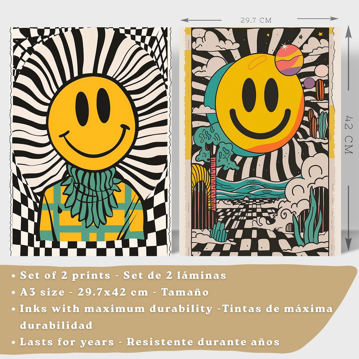 POSTER 4er Kunstdruck-Set Wandbilder Smiley Emoji modern Wohnzimmer Deko, Schlafzimmer, Küche, Badezimmer Leichter Holzrahmen A3 - Beige, Papier (29.7/1/42cm) - Nacnic