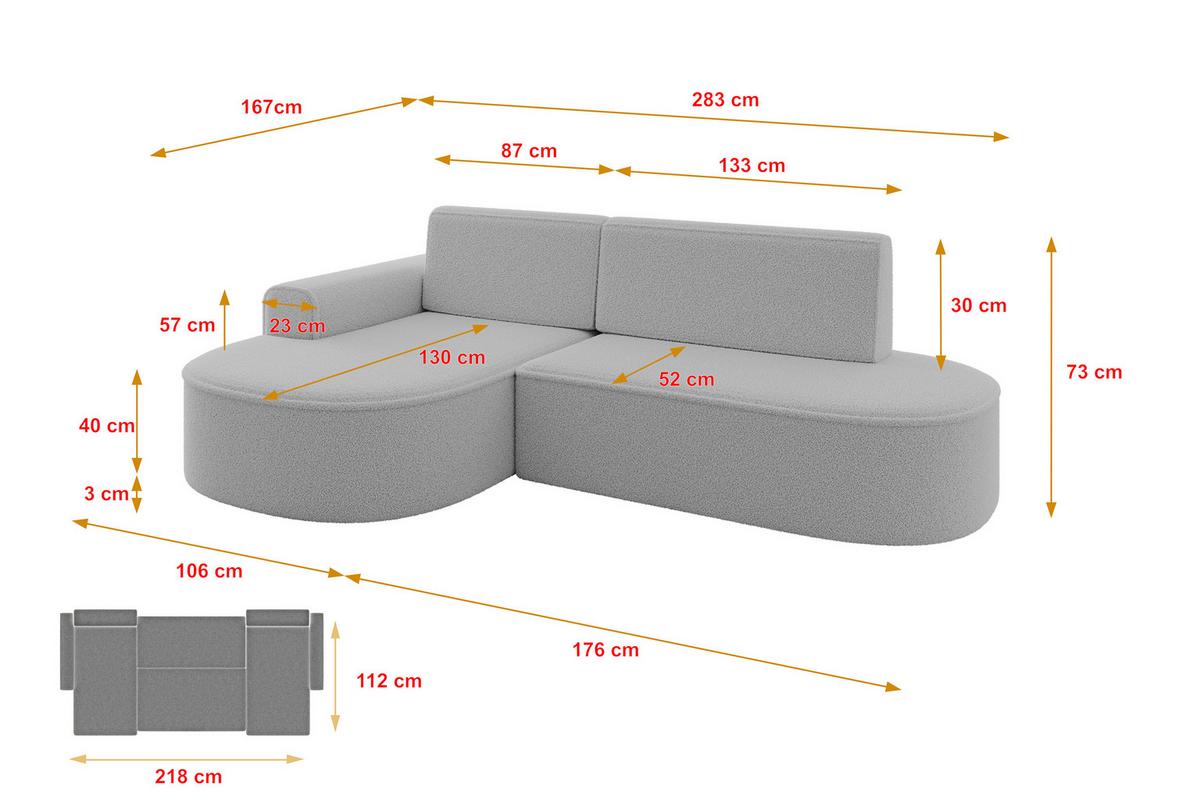 ECKSOFA mit Schlaffunktion und Bettkasten Ottomane Links MARI-L1-S - 283x167x73 cm Hellgrau Bouclé - Hellgrau/Schwarz, Holzwerkstoff/Kunststoff (283/167cm) - ALTDECOR