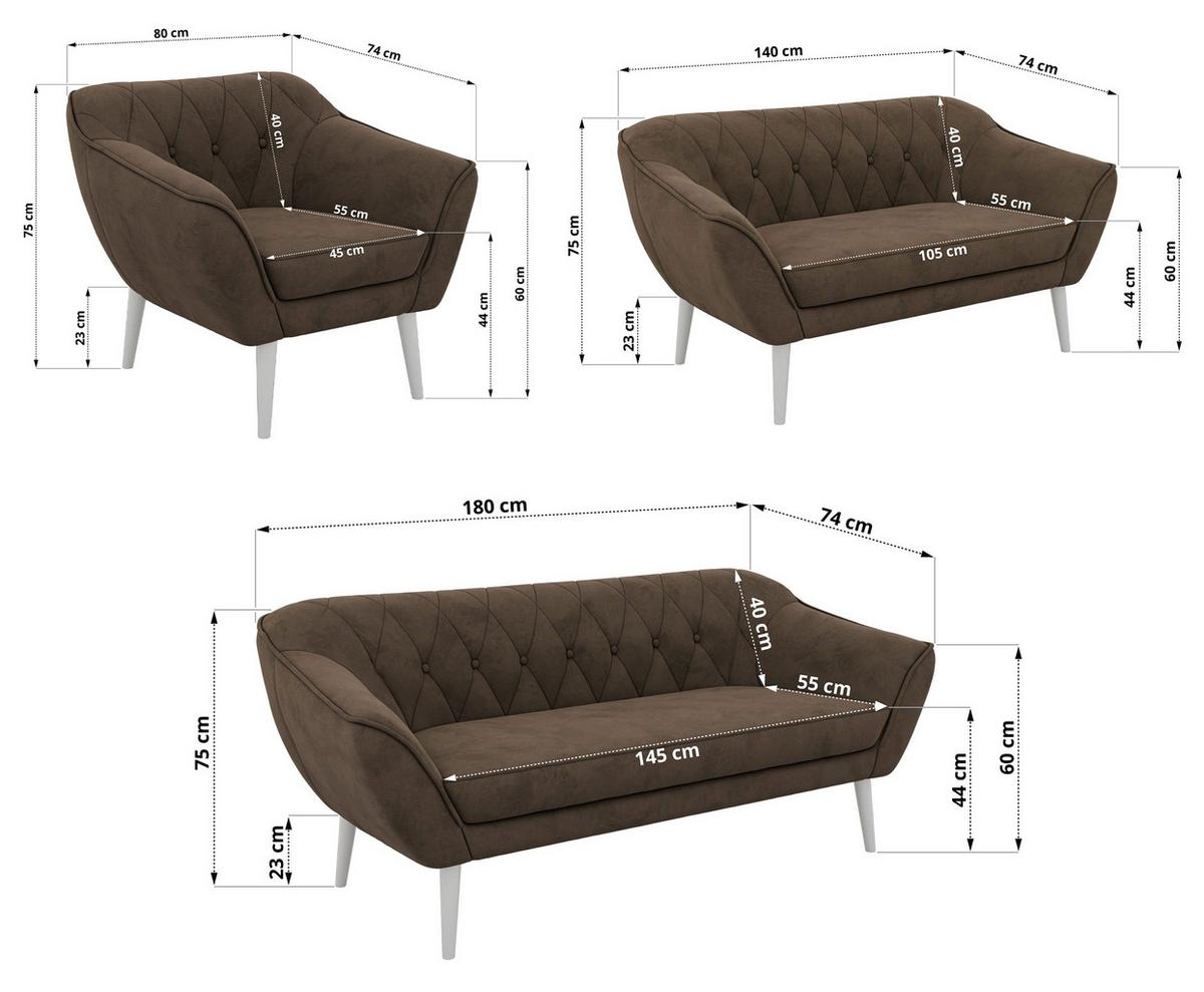 SITZGARNITUR PIRS 3+2+1 - Braun Velvet - Weiße Beine - Dunkelbraun/Braun, Holzwerkstoff/Textil (180/75/74cm) - MKS