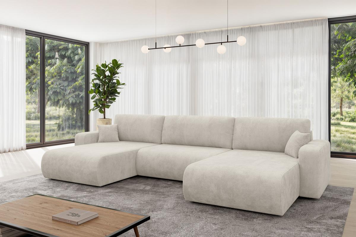 WOHNLANDSCHAFT mit Schlaffunktion und Bettkasten BERY-U 377x193x88 Creme Cord - Ecru/Creme, Holzwerkstoff/Kunststoff (377/88/193cm) - ALTDECOR