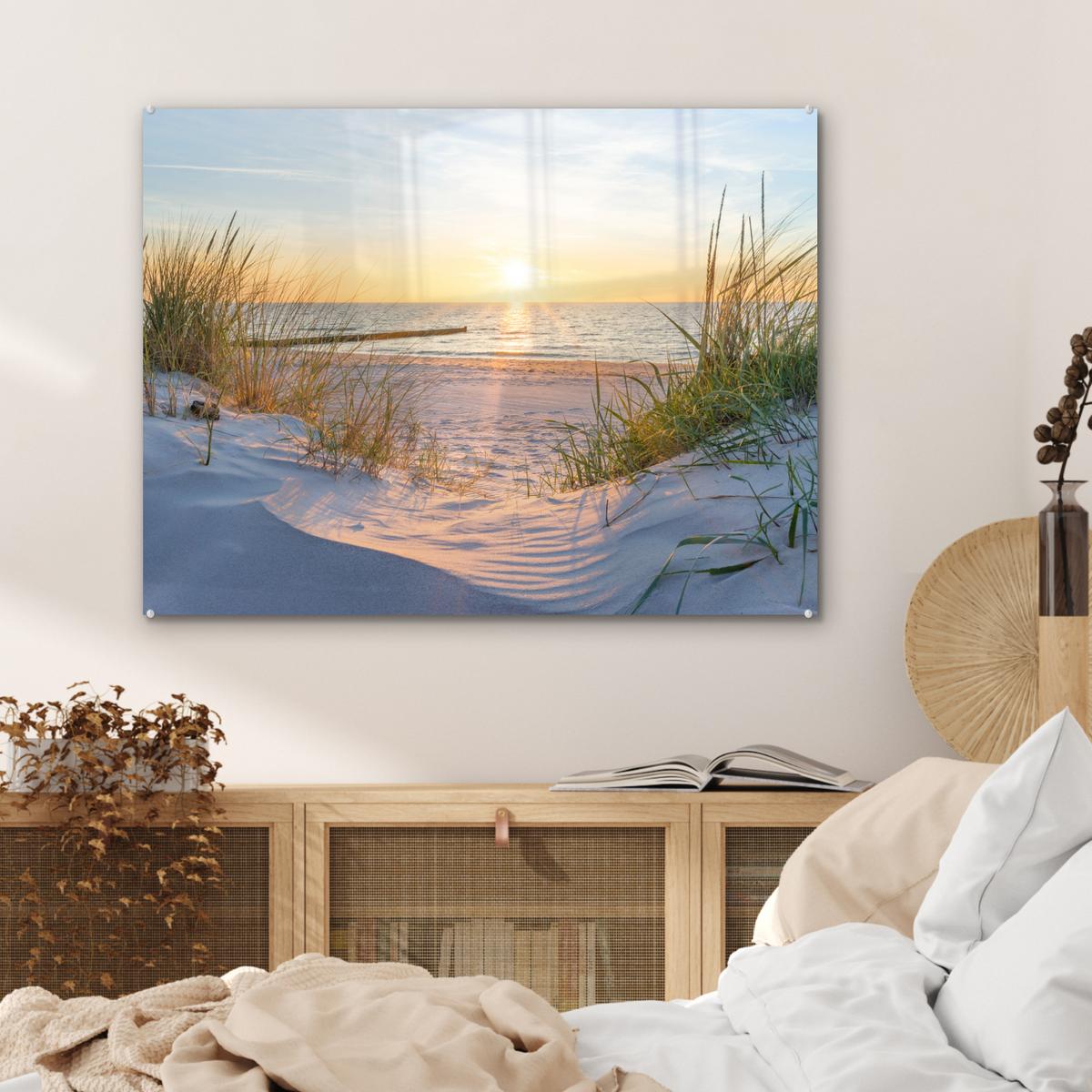 ACRYLGLASBILD Strand - Sonne - Düne - Gras - Sand - Horizont 80x60 cm - Hellblau, Glas (80/60cm) - MuchoWow