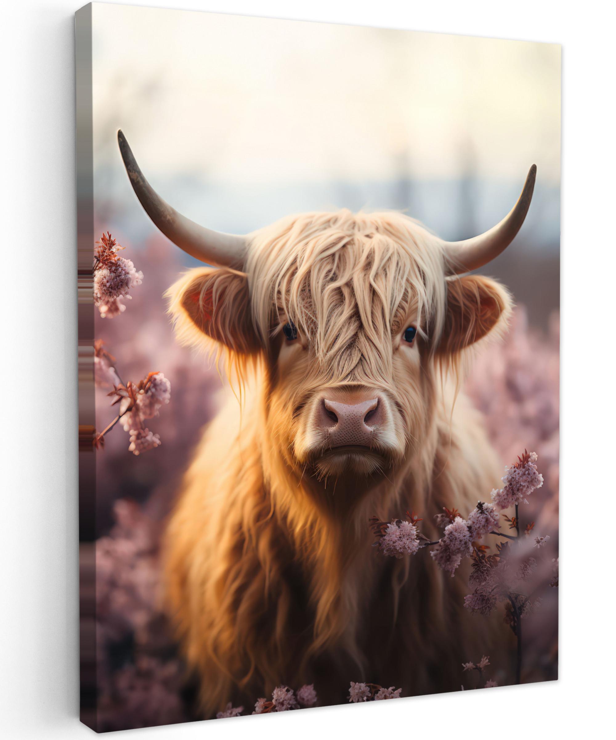 LEINWANDBILD Schottischer Hochländer - Frühling - Hochland Wandbild Wohnzimmer 60x80 cm - Hellrosa, Textil (60/80cm) - MuchoWow
