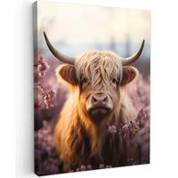 LEINWANDBILD Schottischer Hochländer - Frühling - Hochland Wandbild Wohnzimmer 60x80 cm - Hellrosa, Textil (60/80cm) - MuchoWow