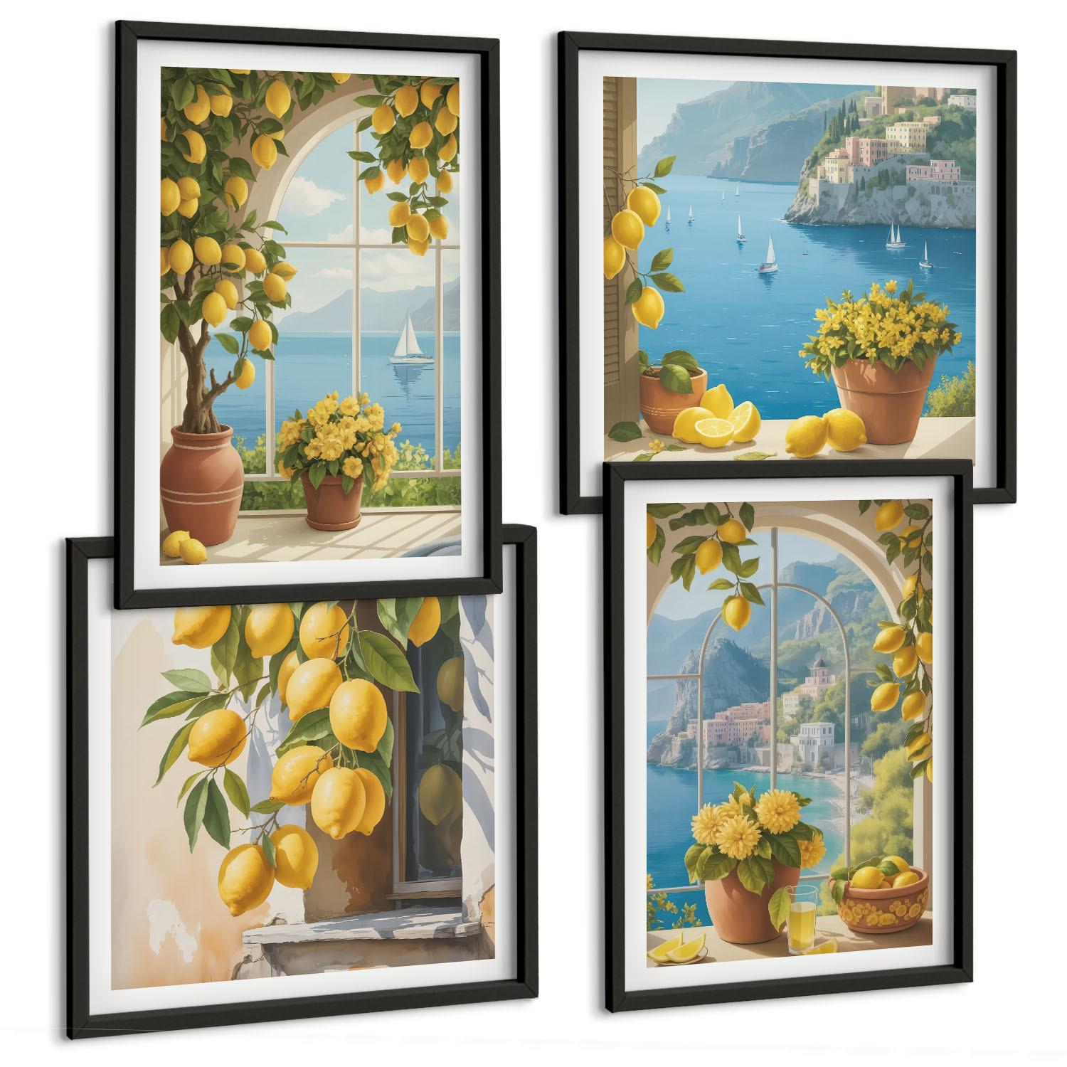 BILDER SET 4er Set - 50x50 cm & 40x60 cm Schwarzer Rahmen - Meereslandschaften, Zitronen, Fenster - Schwarz, Kunststoff (50/50cm) - TULUP