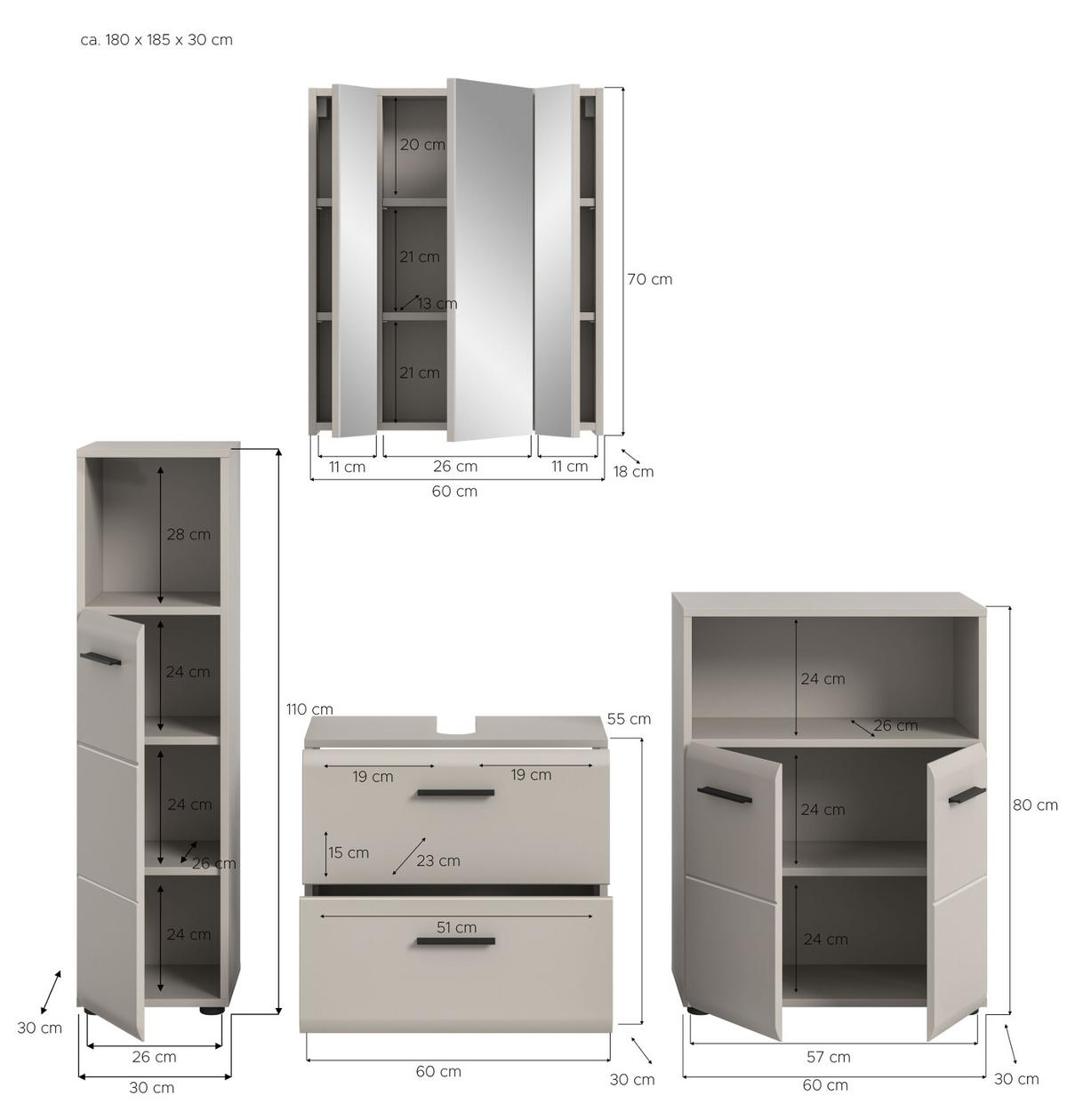 BADMÖBEL-SET Kaschmir 4-teilig 180 cm, Badkombination in modernem Design - Kaschmir/Schwarz, Glas/Holzwerkstoff (180/185/30cm) - Inn.Furn