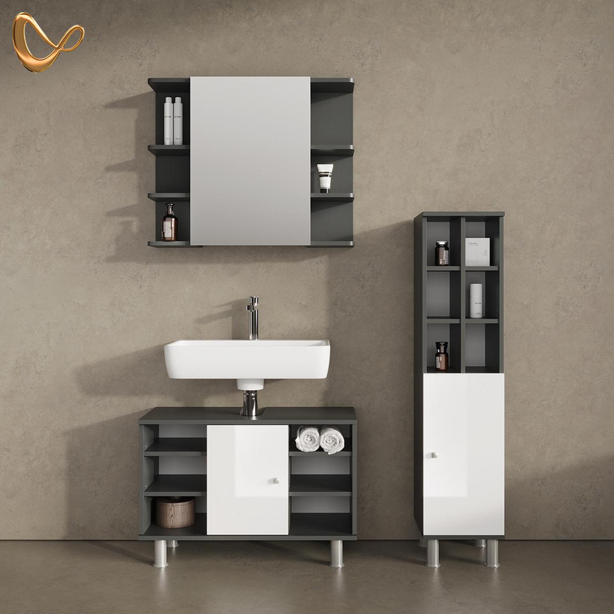 BADMÖBEL-SET Fucino Anthrazit 3 Teile, mit Midischrank Tür groß - Anthrazit, Holzwerkstoff (80/54/32cm) - Livinity®