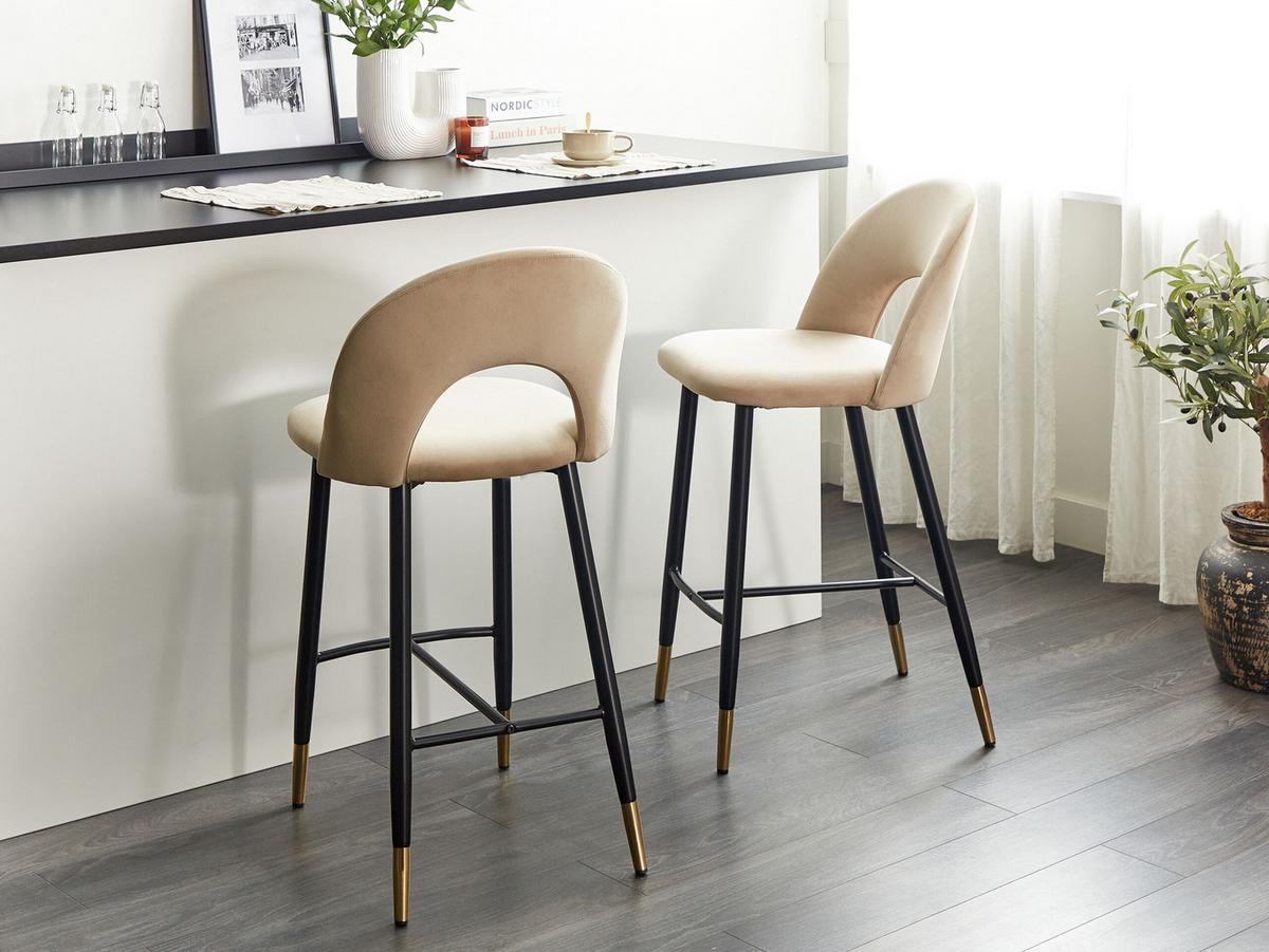 BARSTUHL 2er-Set Samtstoff Beige Falton - Beige, Textil/Metall (48/98/49cm) - Beliani