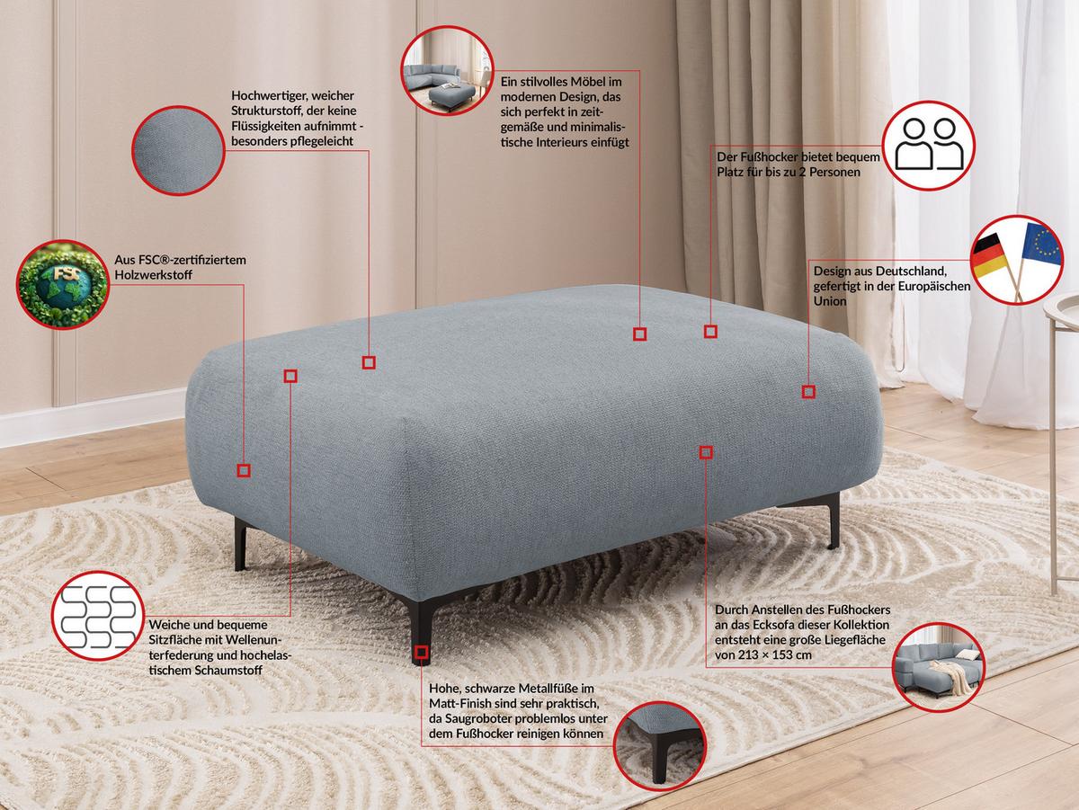 POLSTERHOCKER Cardea in Bubble-Optik aus weichem Grau Strukturstoff mit hohem Sitzkomfort - Schwarz/Grau, Holz/Textil (110/46/65cm) - S-Style Möbel