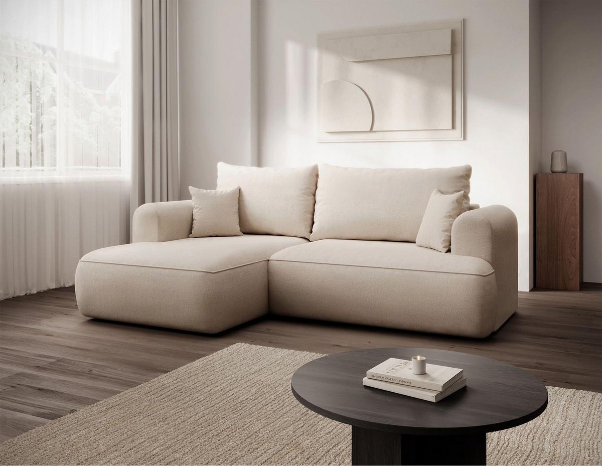 ECKSCHLAFSOFA Ovo Mini Creme Easy-Clean-Chenille-Bezug - Creme/Schwarz, Kunststoff/Textil (238/156cm) - Selsey