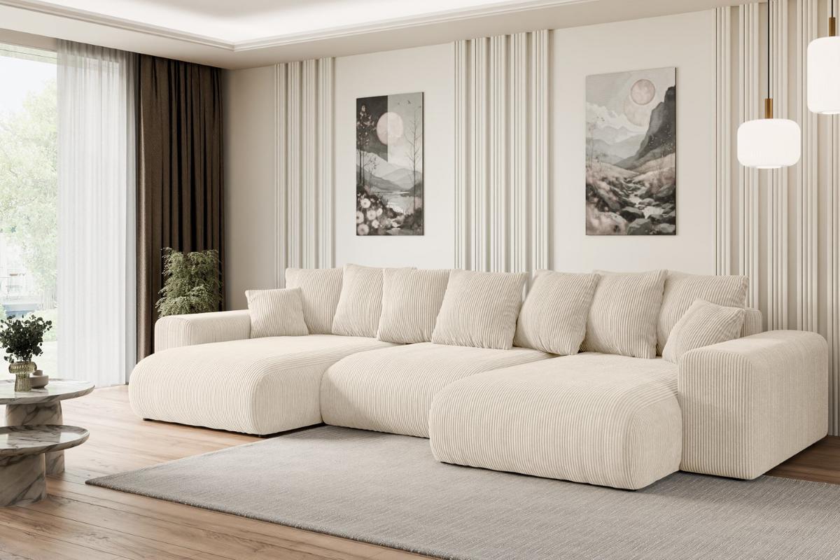 WOHNLANDSCHAFT mit Schlaffunktion ESKAR-U -364x176x72cm Beige Cord - Beige/Schwarz, Holzwerkstoff/Kunststoff (364/72/176cm) - ALTDECOR