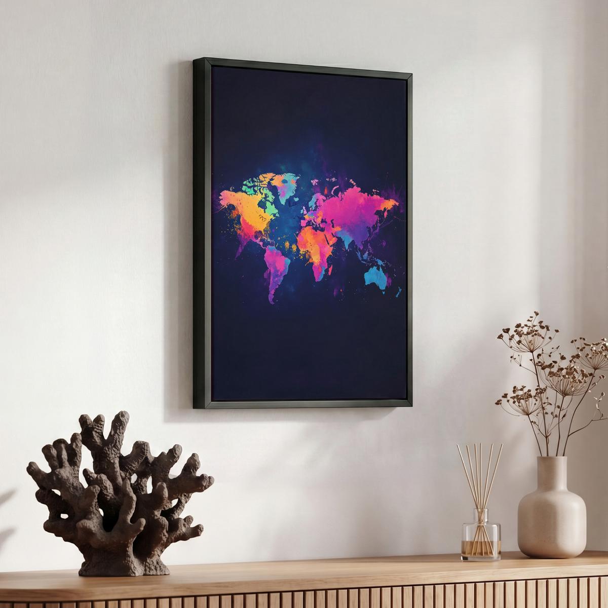 LEINWAND Bilder mit Rahmen - Weltkarte - Bunt - Graffiti - 30x40 - Multicolor, Textil (30/40cm) - MuchoWow