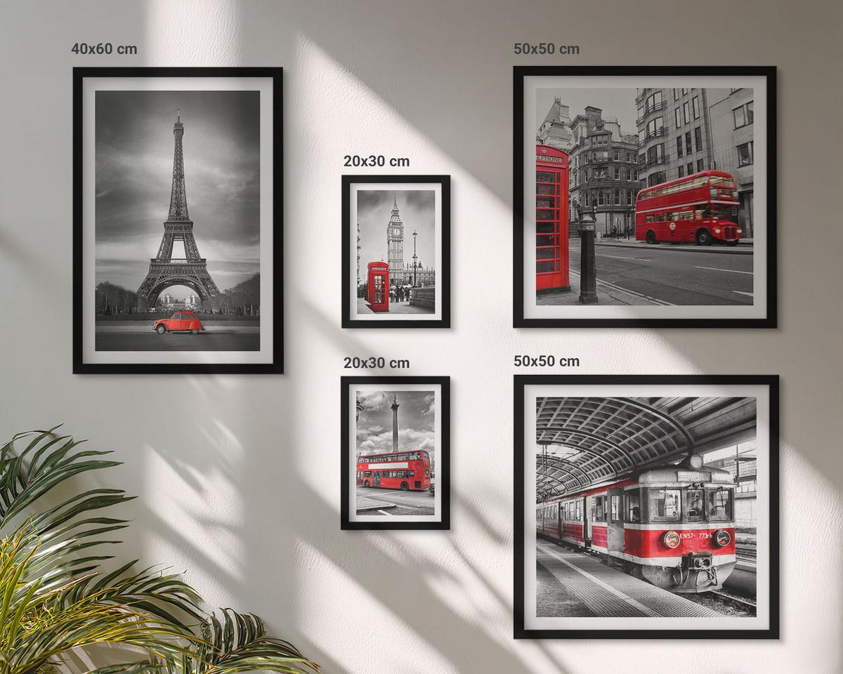 BILDER SET 5er Set - 50x50 cm & 20x30 cm & 40x60 cm Schwarzer Rahmen - Rote Busse in der Stadt - Schwarz, Kunststoff (40/60cm) - TULUP