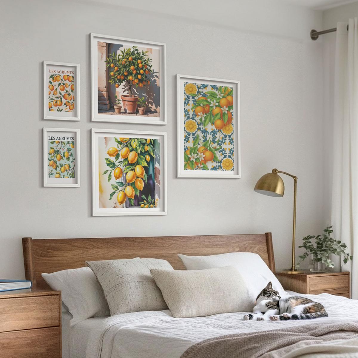 BILDER SET 5er Set - 50x50 cm & 20x30 cm & 40x60 cm Weißer Rahmen - Retro gelbe Zitrusfrüchte - Weiß, Kunststoff (40/60cm) - TULUP