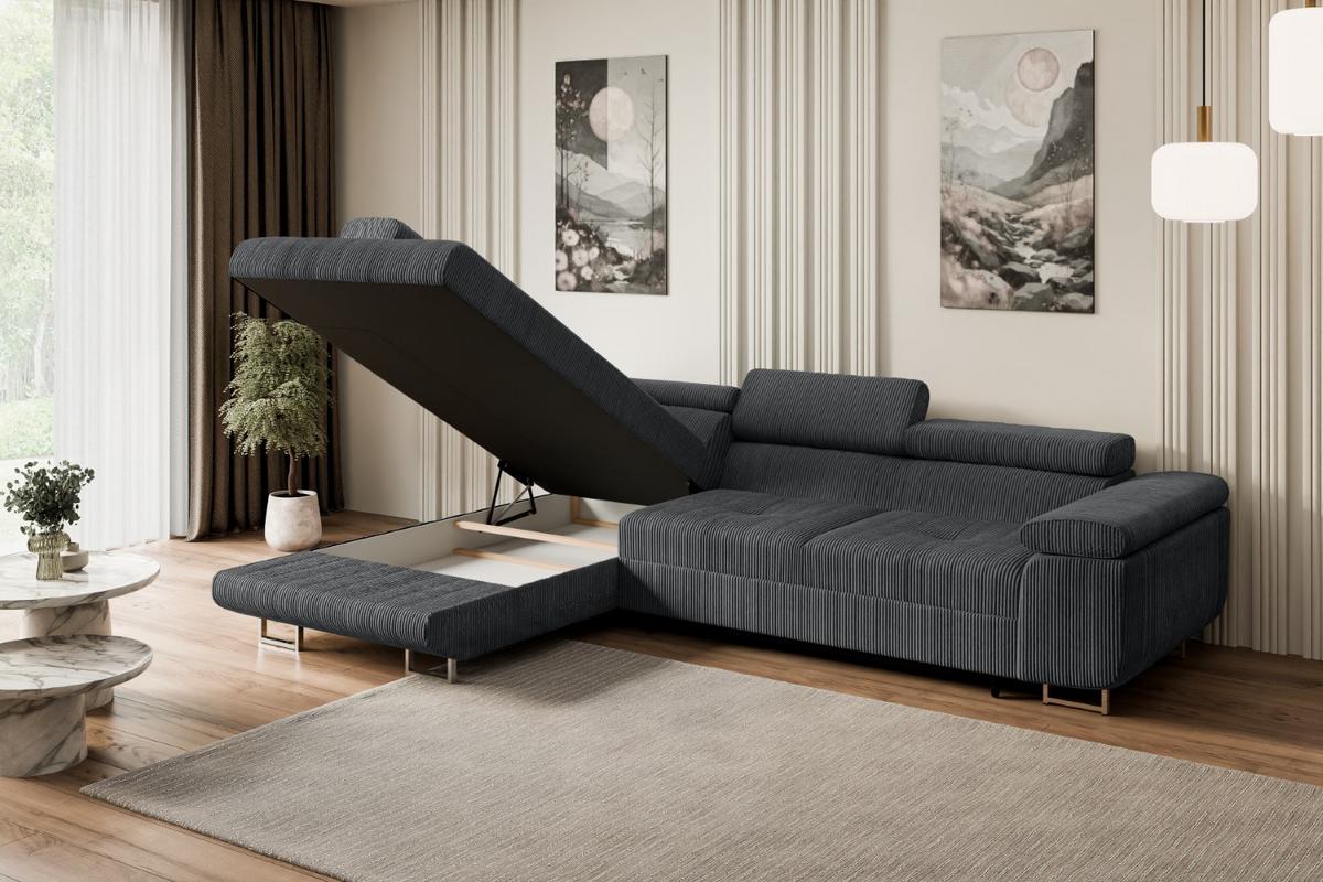 ECKSOFA mit Schlaffunktion und Bettkasten GUSA-L 272x202x107 cm Grau Cord - Dunkelgrau/Silberfarben, Holzwerkstoff/Textil (202/272cm) - ALTDECOR