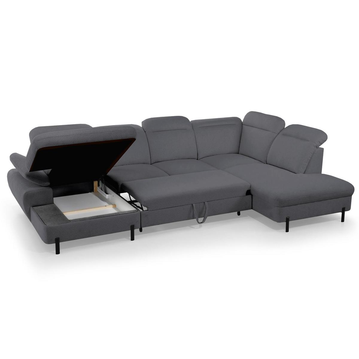 WOHNLANDSCHAFT Sora U mit Schlaffunktion und verstellbarer Sitztiefe, Kopfstützen und Armlehne, 365 cm, Anthrazit, Links - Anthrazit/Schwarz, Textil (365/107/235cm) - Beautysofa