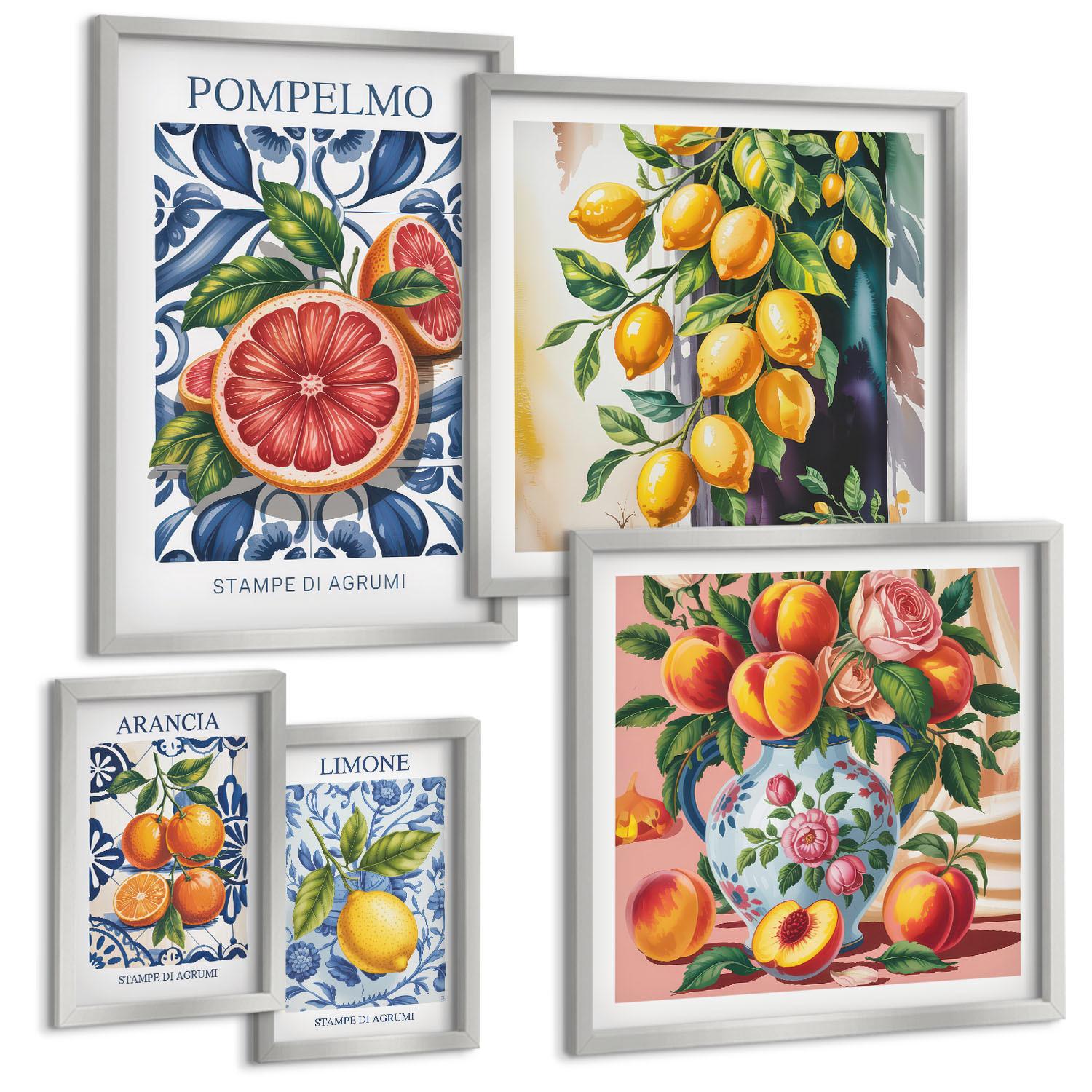 BILDER SET 5er Set - 50x50 cm & 20x30 cm & 40x60 cm Silberner Rahmen - Illustrationen von Zitrusfrüchten - Silberfarben, Kunststoff (40/60cm) - TULUP