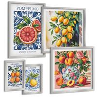 BILDER SET 5er Set - 50x50 cm & 20x30 cm & 40x60 cm Silberner Rahmen - Illustrationen von Zitrusfrüchten - Silberfarben, Kunststoff (40/60cm) - TULUP