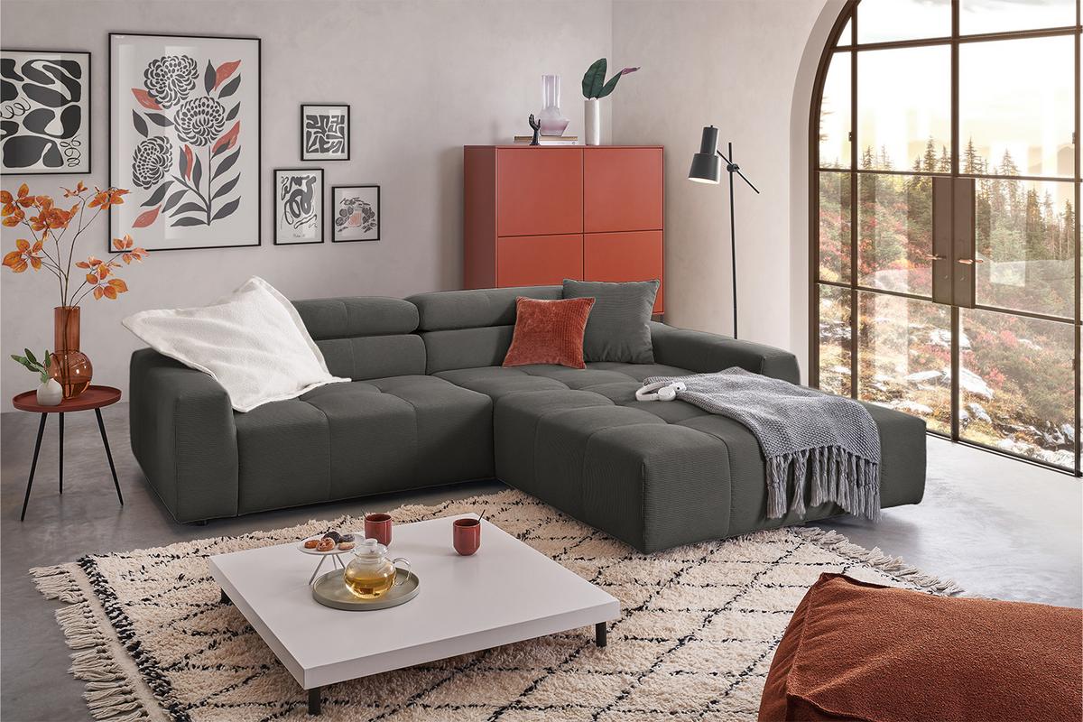 ECKSOFA RENO Anthrazit Cord - Anthrazit/Schwarz, Kunststoff/Textil (258/217cm) - KAWOLA