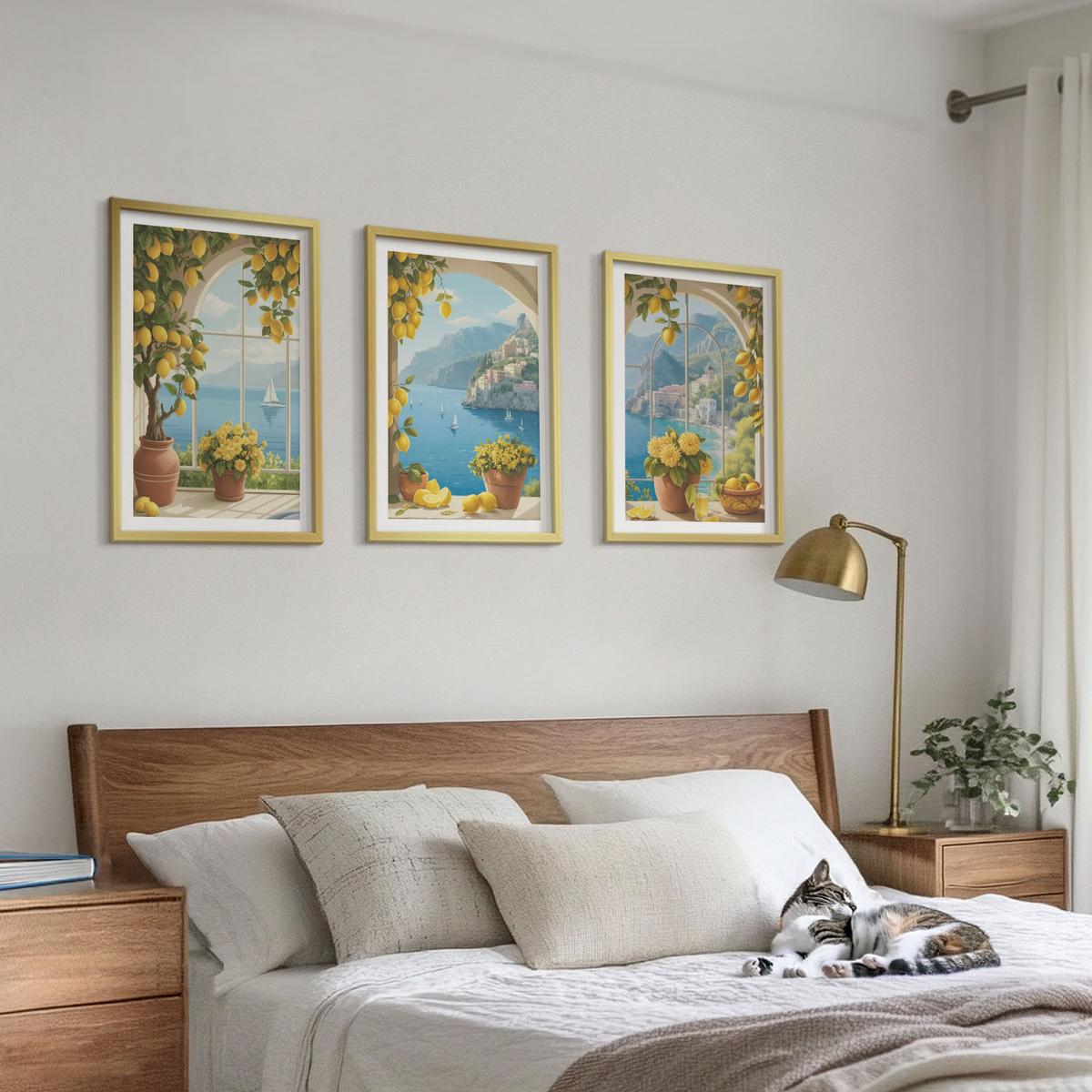 BILDER SET 3er Set - 40x60 cm Goldrahmen - Meereslandschaften, Zitronen, Fenster - Goldfarben, Kunststoff (40/60cm) - TULUP