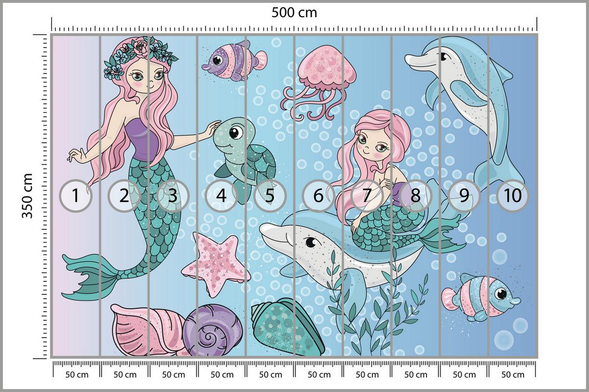FOTOTAPETE für Kinderzimmer Meerjungfrauen Delfine Fische Muscheln Qualle Schildkröte 500x350 - Multicolor, Papier (500/350cm) - Muralo