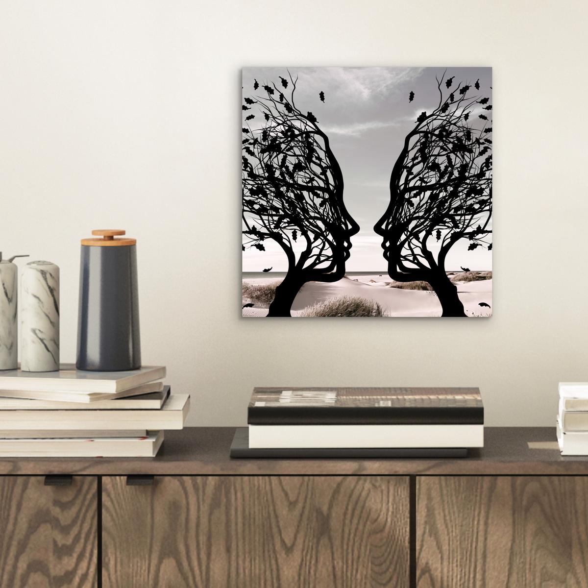 METALLBILD Strand - Meer - Menschen - Baum - Moderne Kunst 20x20 cm - Hellgrau, Metall (20/20cm) - MuchoWow