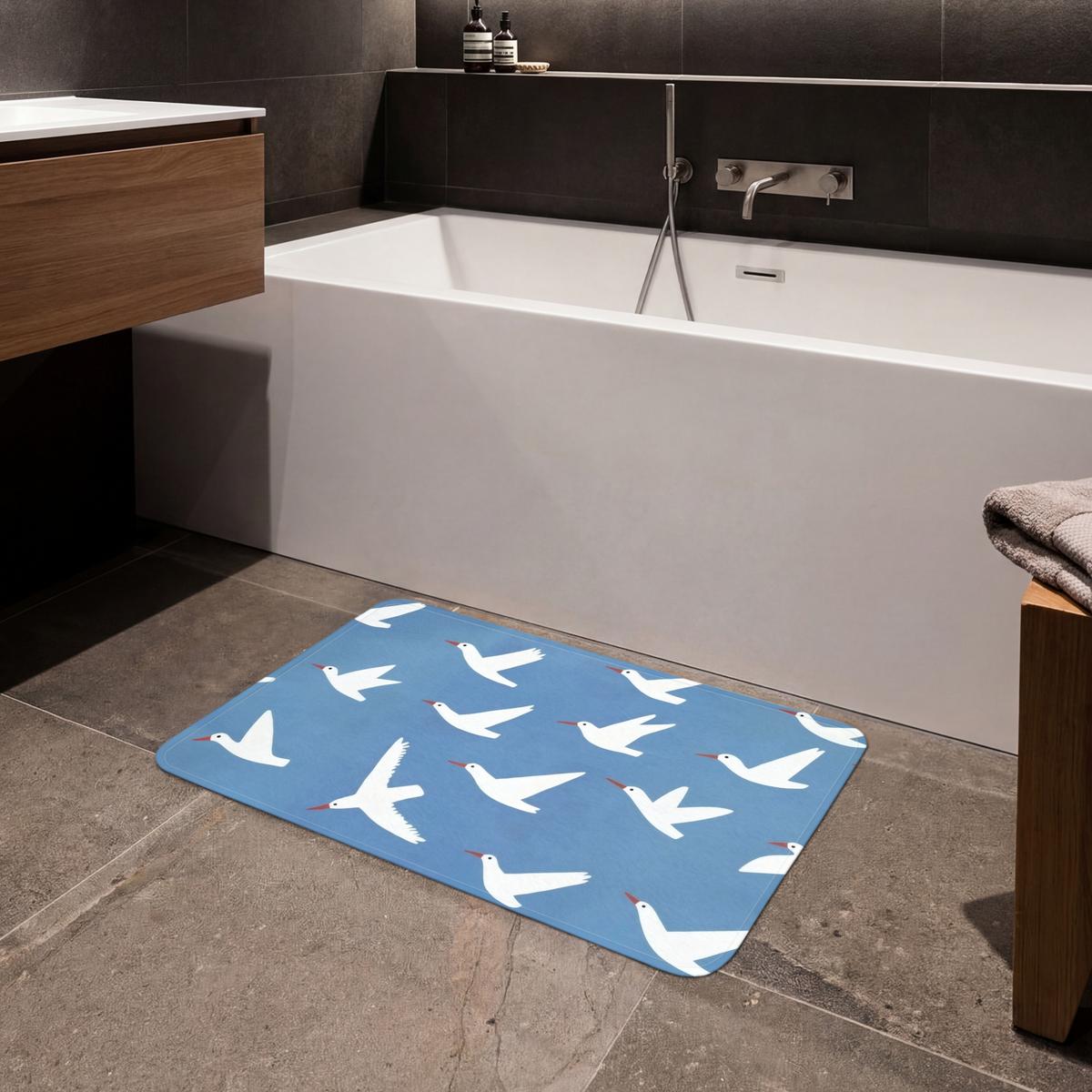 BADEMATTE Vögel - Weiß - Muster 80x50 cm - Blau, Textil (80/50cm) - OnlyWow