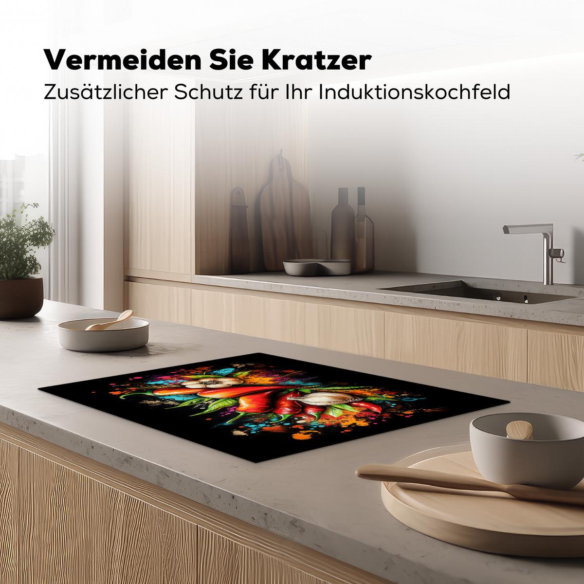 HERDABDECKPLATTE Gemüse - Paprika - Knoblauch - Graffiti - Farbe - Bunt Herdabdeckung Induktionsfeld 70x52 cm - Rot, Kunststoff (70/52/0.2cm) - MuchoWow