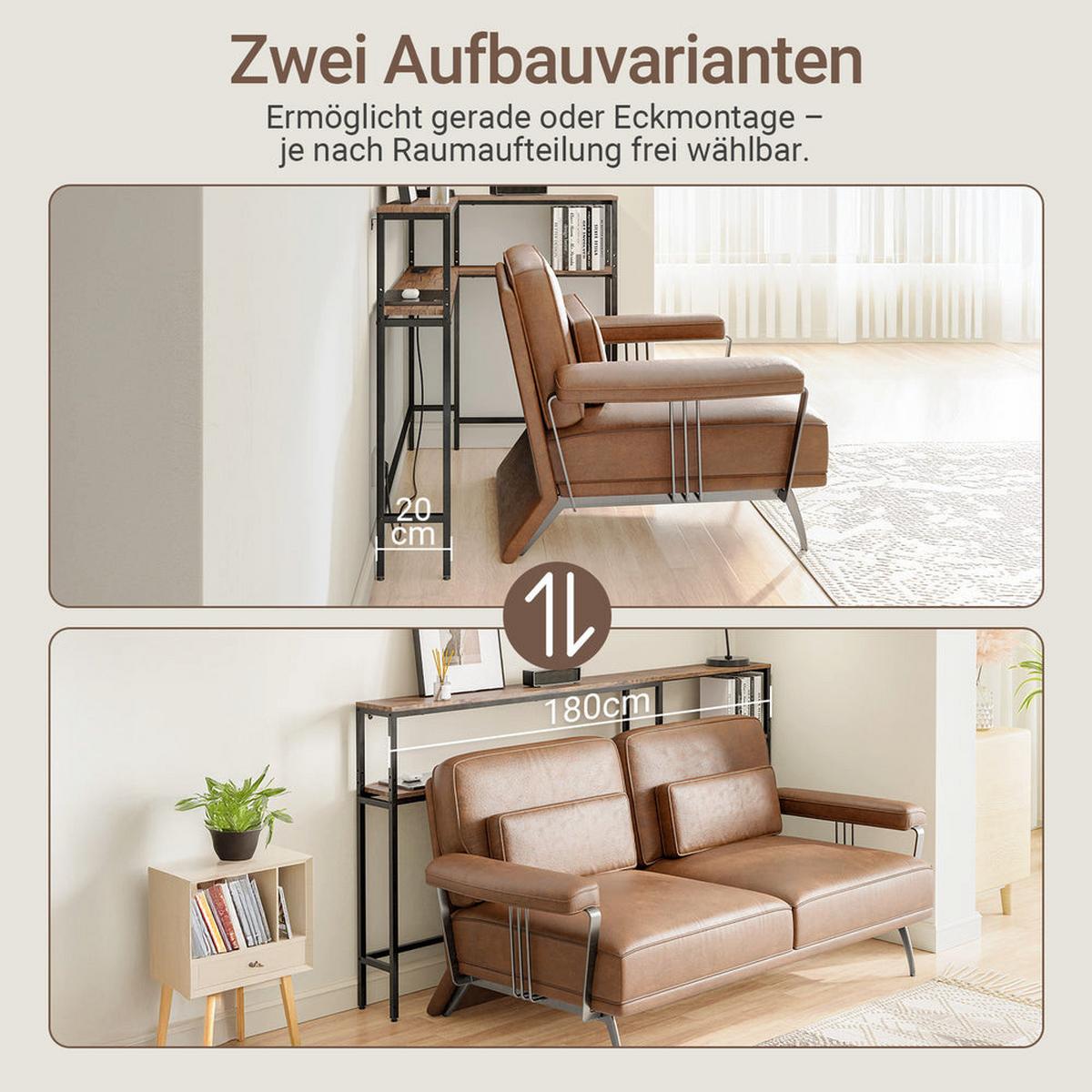 ECKKONSOLENTISCH mit integrierter Steckdose schmal 180x20x100 cm - Braun, Holzwerkstoff/Metall (80/120/101cm) - SoBuy