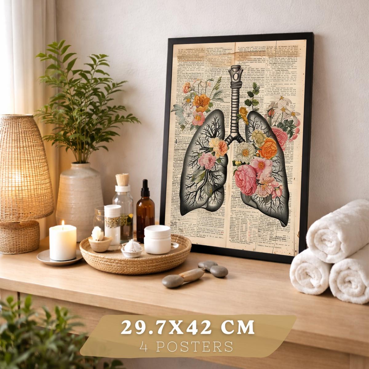 POSTER Set aus 4 Anatomie Drucke und Wandbilder mit Leber Lungen Atmungssystem Skelett Schädel Wirbelsäule Zeitungsstil Größe Schwarzer Rahmen A3 - Schwarz, Papier (29.7/42/3cm) - Nacnic