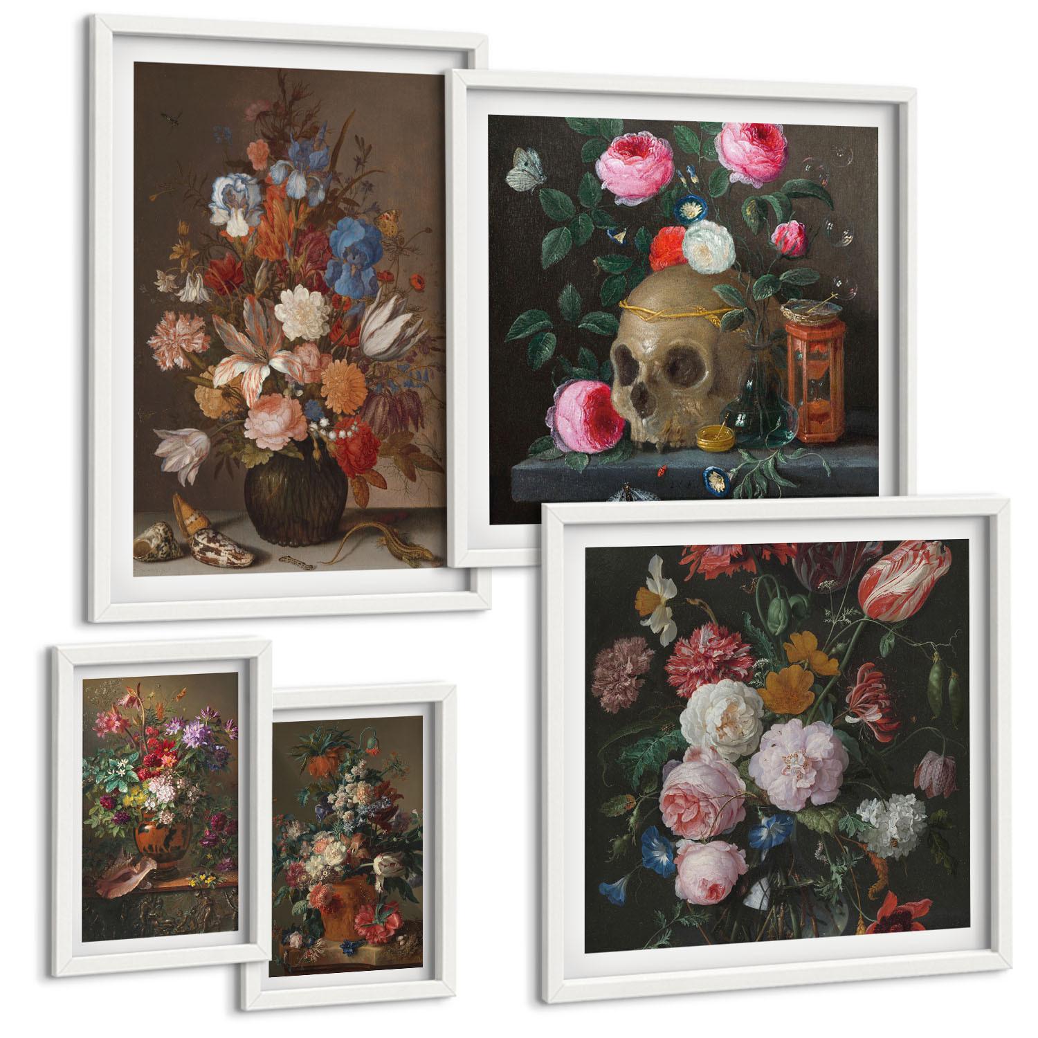 BILDER SET 5er Set - 50x50 cm & 20x30 cm & 40x60 cm Weißer Rahmen - Pfingstrosenporträt einer Frau für Zuhause - Weiß, Kunststoff (40/60cm) - TULUP