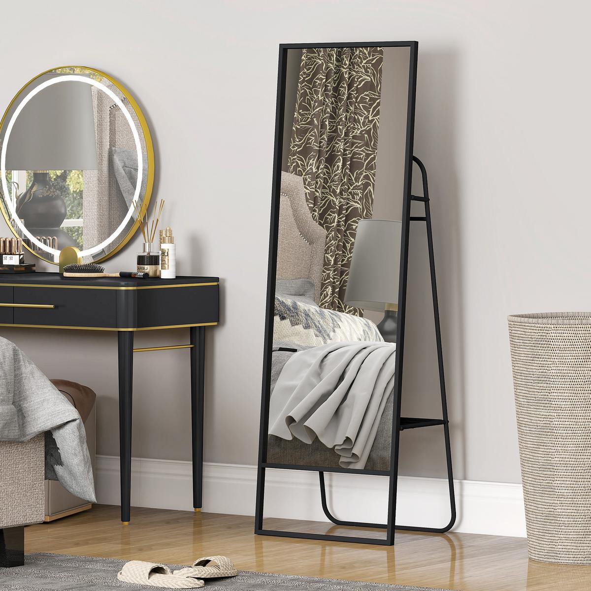 GANZKÖRPERSPIEGEL 157 x 50 cm Rechteckig Standspiegel mit Regal, 2 Haken Schwarz - Schwarz, Metall (38/157/50cm) - HOMCOM