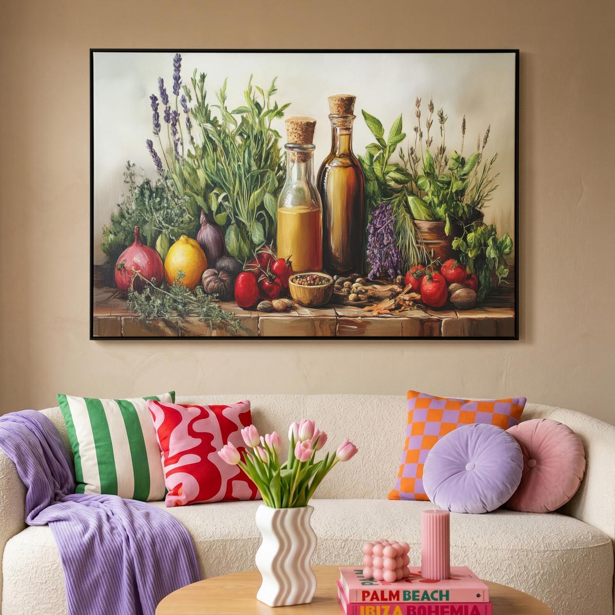 LEINWAND Bilder mit Rahmen - Stilleben - Kräuter - Gewürze - Früchte - Farbenfroh - 150x100 - Grün, Textil (150/100cm) - MuchoWow