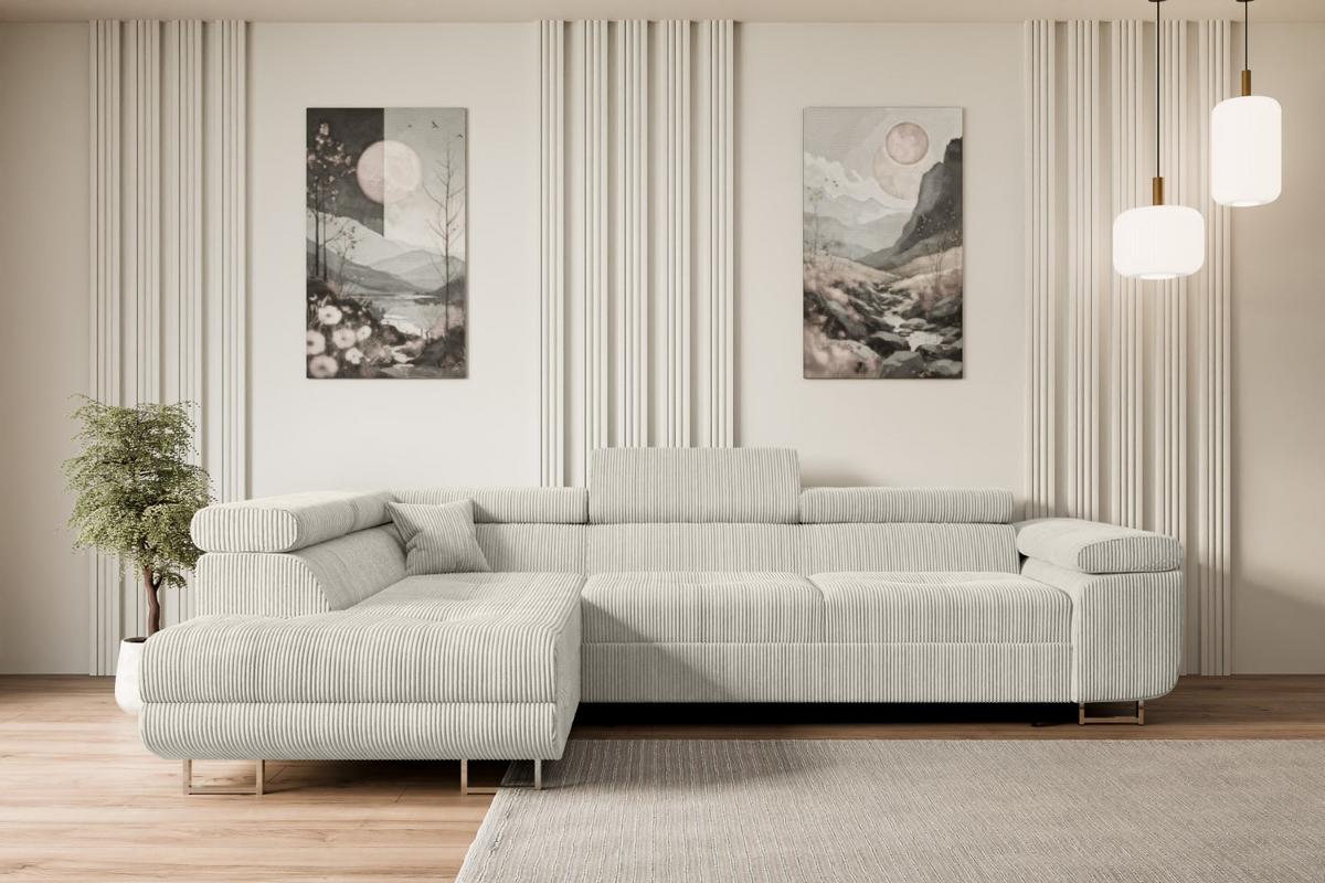 ECKSOFA mit Schlaffunktion und Bettkasten GUSA-L 272x202x107 cm Creme Cord - Silberfarben/Hellgrau, Holzwerkstoff/Textil (202/272cm) - ALTDECOR