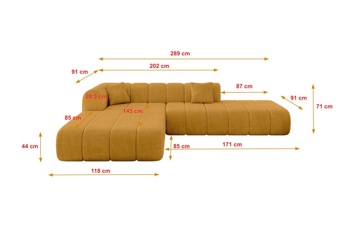 ECKSOFA Ottomane Links BILA-L 289x176x71 Senfgelb Cord - Currygelb/Dunkelgelb, Holzwerkstoff/Kunststoff (176/289cm) - ALTDECOR