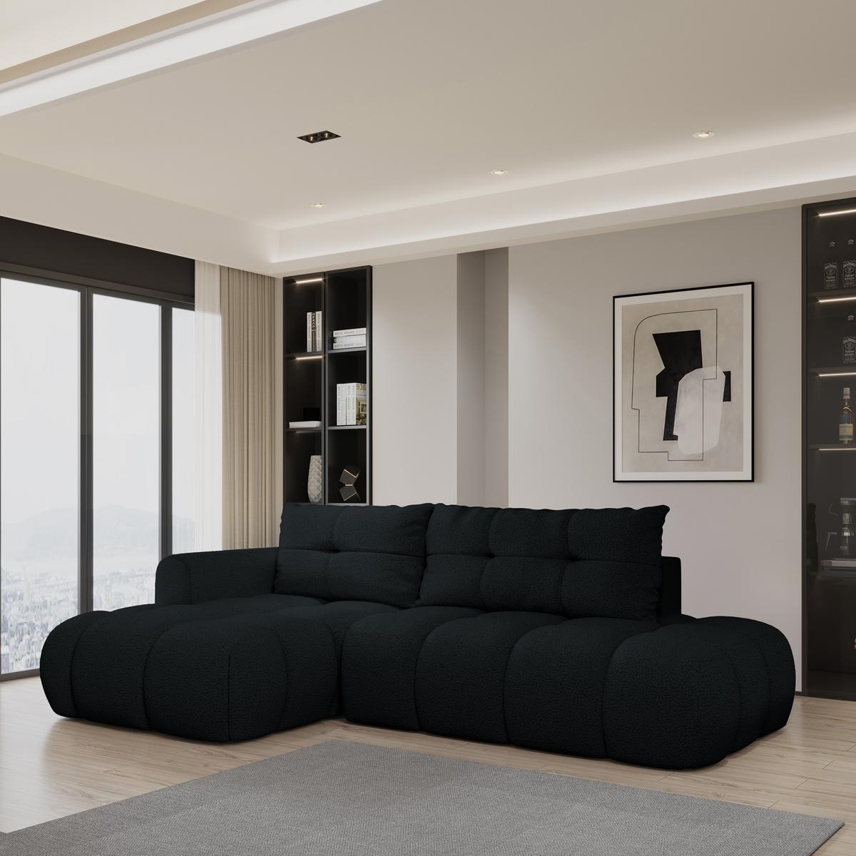 ECKSOFA FLUMA L-S Schwarz Boucle-Stoff mit Schlaffunktion - Schwarz, Holz (279/158cm) - MASSENO