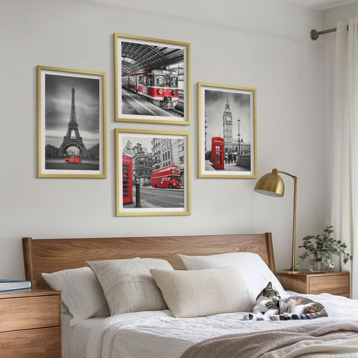 BILDER SET 4er Set - 50x50 cm & 40x60 cm Goldrahmen - Rote Busse in der Stadt - Goldfarben, Kunststoff (50/50cm) - TULUP