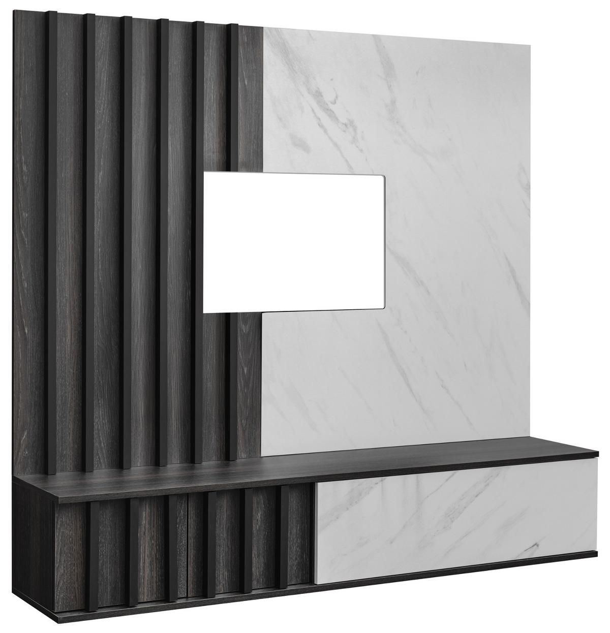 TV-LOWBOARD Graphit Eiche, Marmor weiß 160 cm hängend, TV Unterschrank Set mit Wandpaneel - Graphitfarben/Weiß, Holzwerkstoff (160/148/35cm) - Inn.Furn