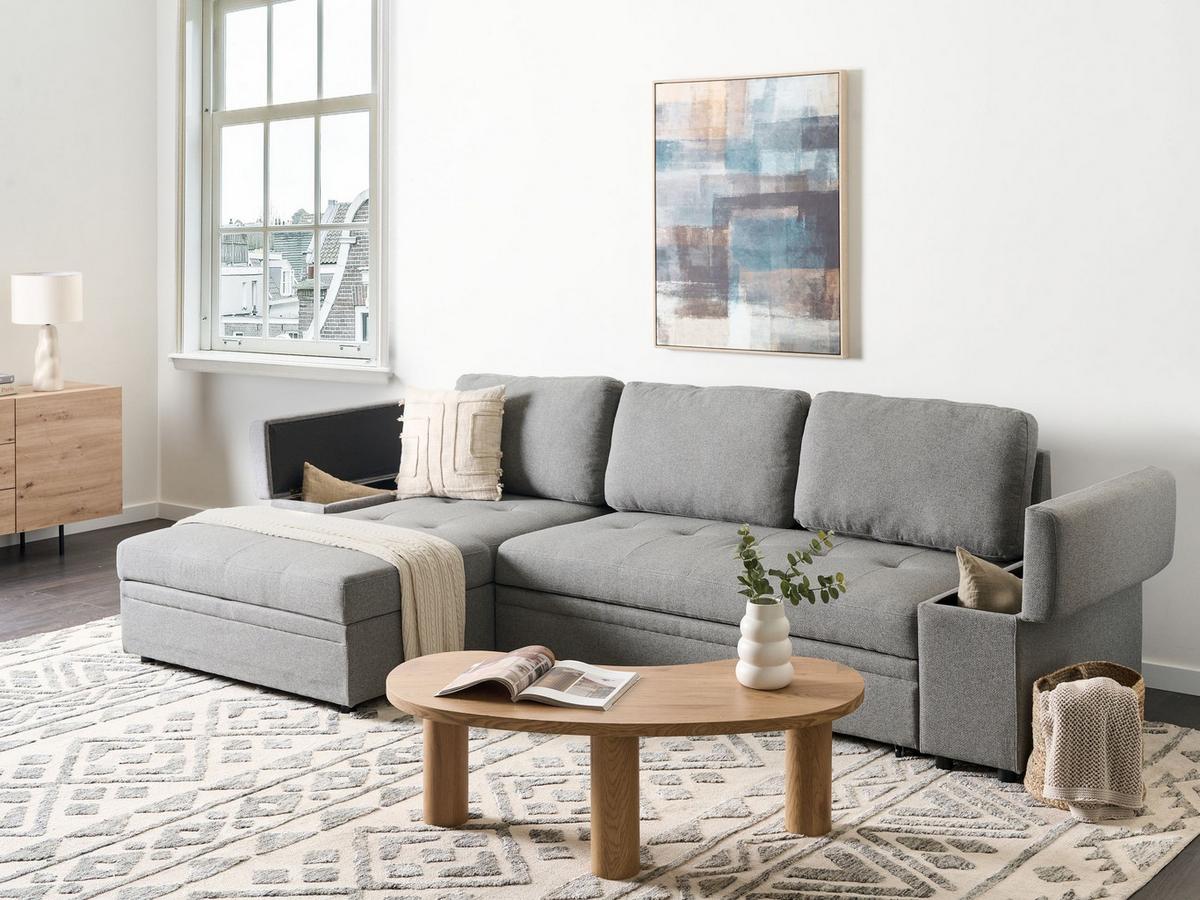 ECKSCHLAFSOFA 3-Sitzer Kunstleinen Grau mit Stauraum rechtsseitig Hrisey - Grau, Textil (293/161cm) - Beliani