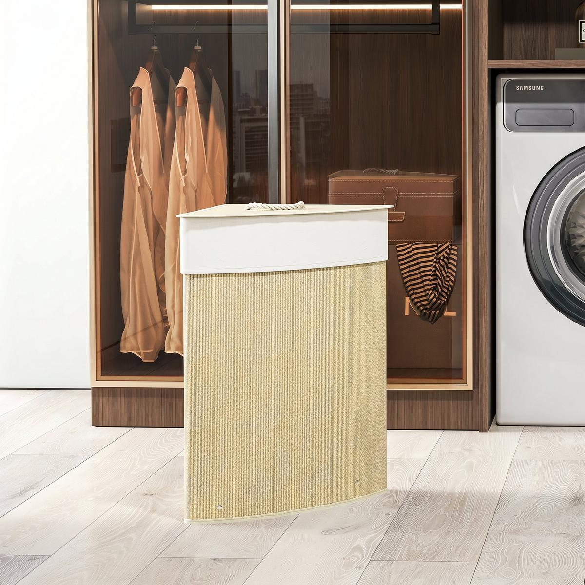WÄSCHEKORB Bambus Cremeweiß - Creme, Holz/Textil (35/60/35cm) - HOMCOM