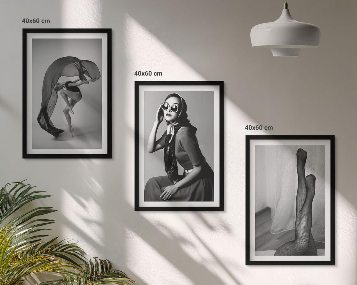 BILDER SET 3er Set - 40x60 cm Schwarzer Rahmen - Schwarz-Weiß-Porträts von Frauen - Schwarz, Kunststoff (40/60cm) - TULUP