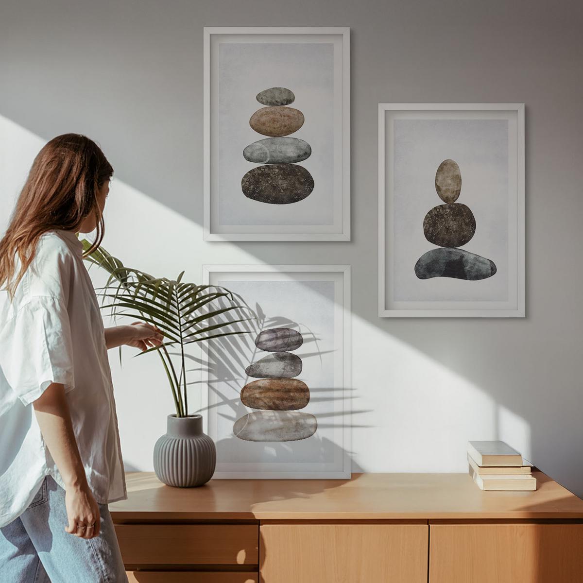 BILDER SET 3er Set - 40x60 cm Weißer Rahmen - Minimalistische Boho-Steine - Weiß, Kunststoff (40/60cm) - TULUP