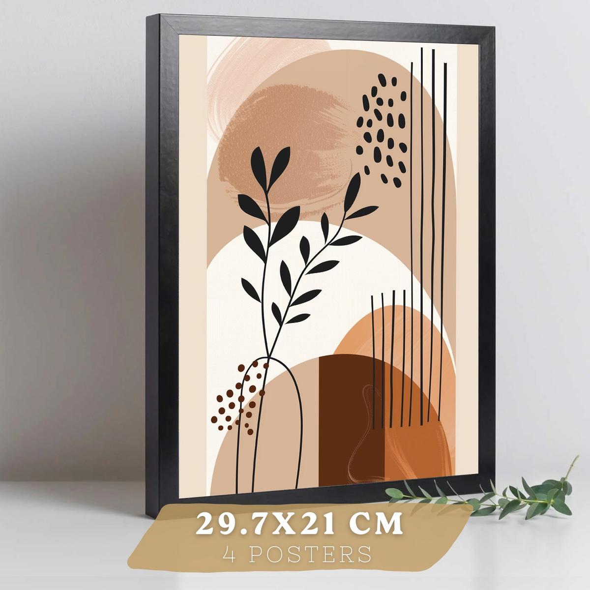 POSTER 4er Kunstdruck-Set Wandbilder Botanisch Abstrakt modern Wohnzimmer Deko, Schlafzimmer, Küche, Badezimmer Schwarzer Rahmen A4 - Schwarz, Papier (29.7/1/21cm) - Nacnic