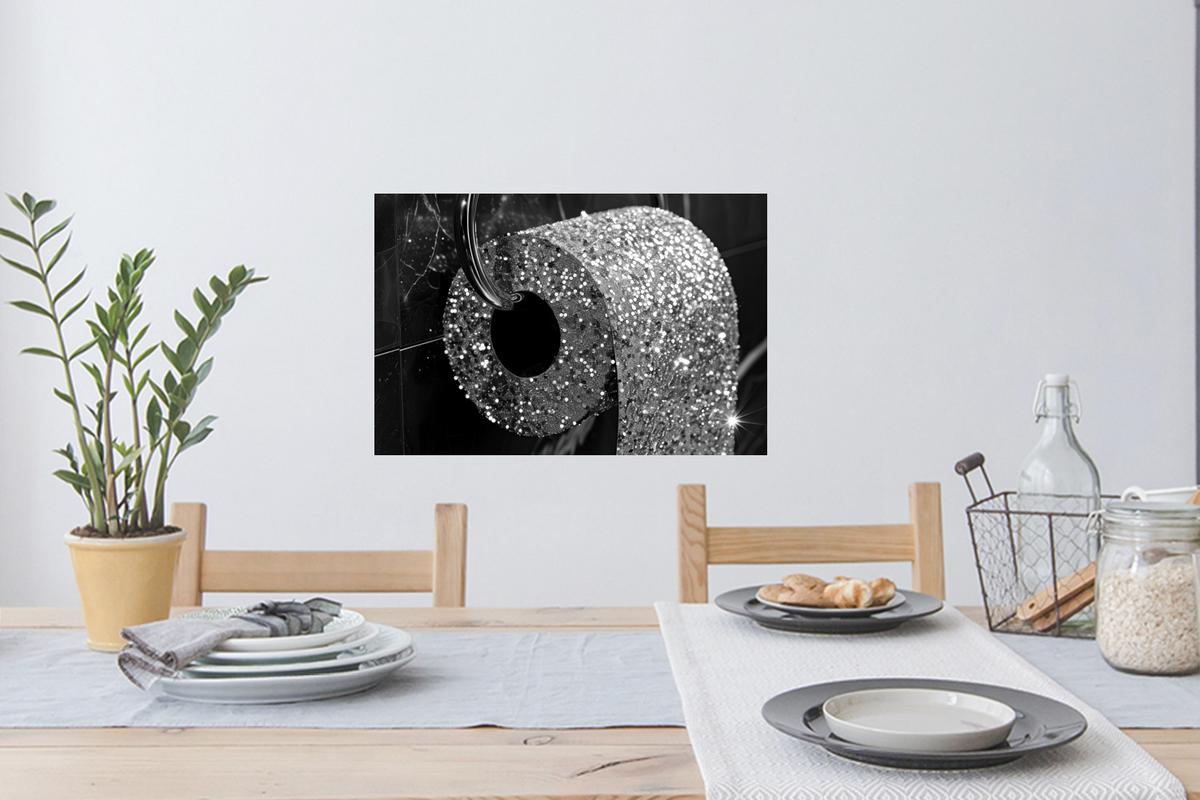 WANDTATTOO WC - Toilettenpapier - Schwarz und weiß - Glitter Deko Wohnzimmer 60x40 cm - Silberfarben, Kunststoff (60/40/0.1cm) - MuchoWow